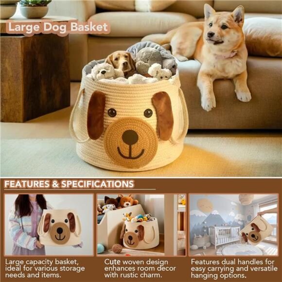 Large Dog Woven Basket with Handles - Toy Storage Bin, - Picture 12 of 14
